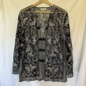 Sheer Embroidered Longsleeve Black White Layering Top Sz M Holiday Party Mature